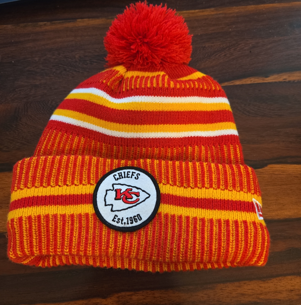 New Era Kids Striped Pom Beanie in Red, Yellow & White